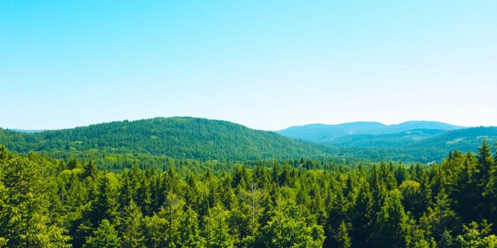 Lanskap hutan hijau yang indah dengan langit biru.