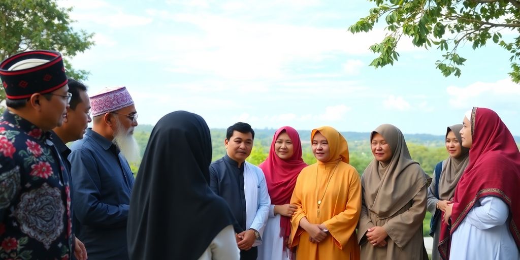 Sekelompok orang berdiskusi dengan latar belakang alami.