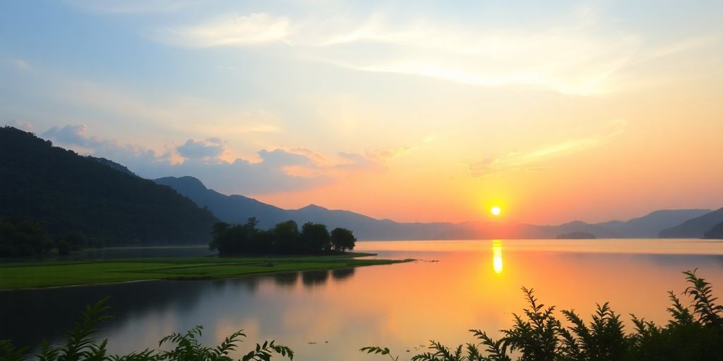 Pemandangan danau tenang dengan matahari terbenam.